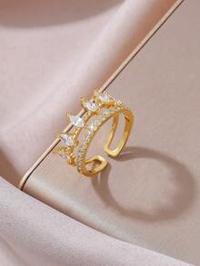 Elegant Crown Crystal Open Ring - Women's Gold-Tone Stackable Ring | Sparkling Personalized Jewelry Suitable For Brunch And Night Out