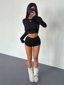 AiTyi 女士两件套，休闲时尚性感舒适修身户外运动百搭套装，适合毕业典礼、返校季、秋季穿着，罗纹针织长袖上衣和短裤 - 黑色 - 查看 7