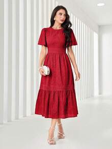 Women's Plain Midi Dress With Lining And Cut-Out Details, Featuring A Round Neckline, Puff Sleeves, Embroidery, And A Gathered Hem. - 紅色 - 查看 1