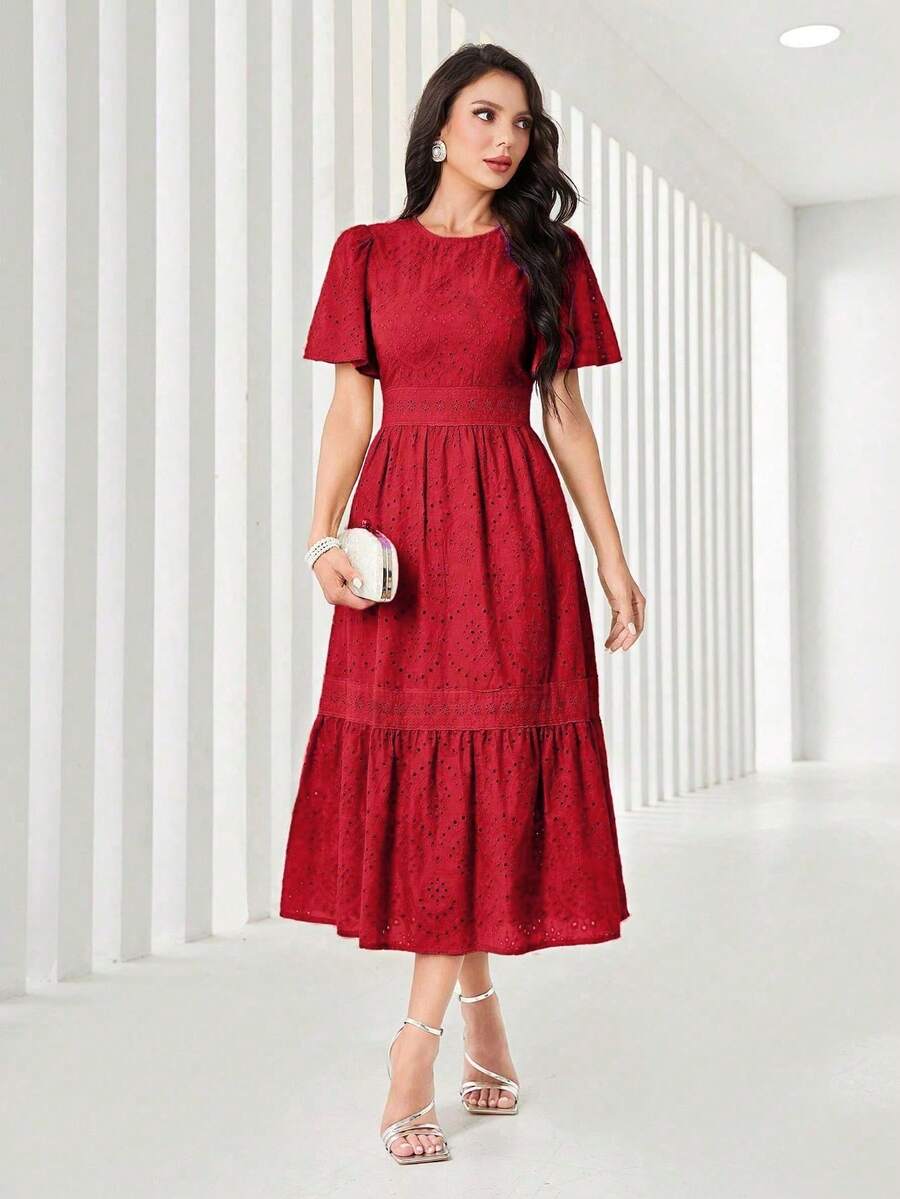 Women's Plain Midi Dress With Lining And Cut-Out Details, Featuring A Round Neckline, Puff Sleeves, Embroidery, And A Gathered Hem. - 紅色 - 查看 1