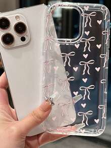 1个粉色蝴蝶结苹果手机壳，适用于 11/12/13/14/15/16/17/PROMAX