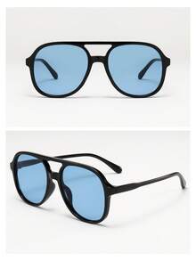 1pc Unisex Double Bridge Large Frame High Quality Minimalist Fashion Glasses, Suitable For Travel, Vacation, Casual Gatherings, And Daily Wear - Black Frame Blue Film - View 5