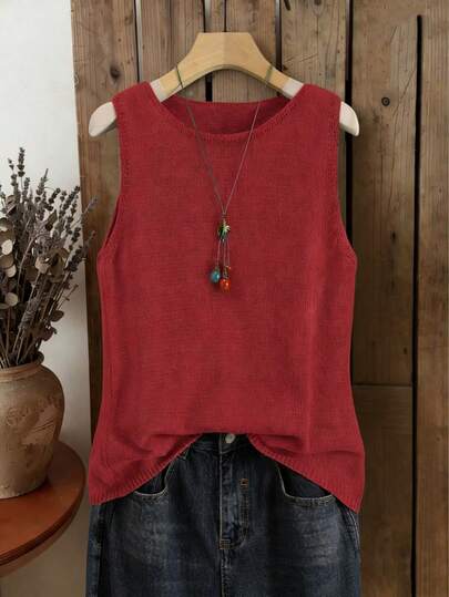 Solid Color Knitted Vest For Women, Retro Japanese Style, Layered Casual Short Cardigan, Versatile For Summer, Vacation, All Seasons, Early Autumn, Commuting, Minimalist, Vintage, Colorful Music Festival, School, Sleeveless Top