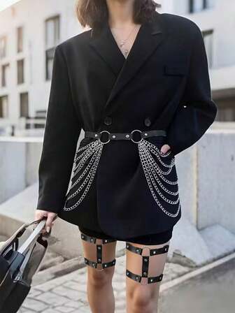 3-delige set punk zwarte leren body tailleketting met zilveren kwastjes, gelaagde buikriem, nachtclub rave party body sieraden accessoire voor vrouwen en meisjes