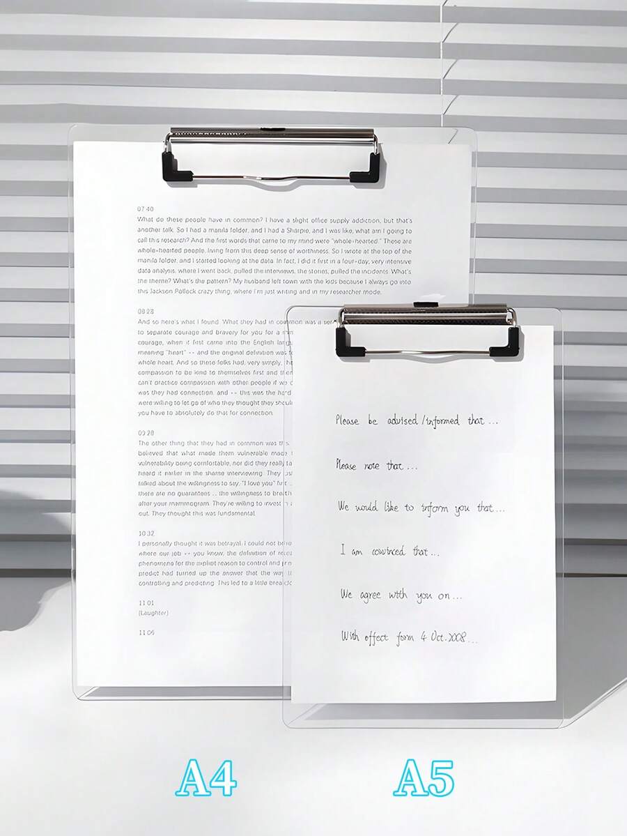 1pc A4/A5 Transparent Clipboard, Portable Writing Board, Antislip File Hardboard Paper Holder, Durable Stylish Clipboards With Low Profile Clip. Perfect For Home, Office, Drawing, Nursing, Restaurant Menu, Bills & Study - Transparent - View 1