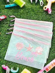 時尚防水PVC海灘包，附「Beach」貝殼圖案，A4尺寸，透明化妝包、盥洗包，尼龍拉鍊，適合游泳、潛水、夏季度假，輕量，海灘必備，旅行/開學必備，度假良伴 - 彩色 - 查看 11
