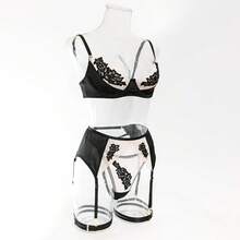 5件套新款性感女士内衣套装，网纱拼接刺绣薄款聚拢文胸+丁字裤+吊袜带+大腿吊袜带 - 黑色 - 查看 11