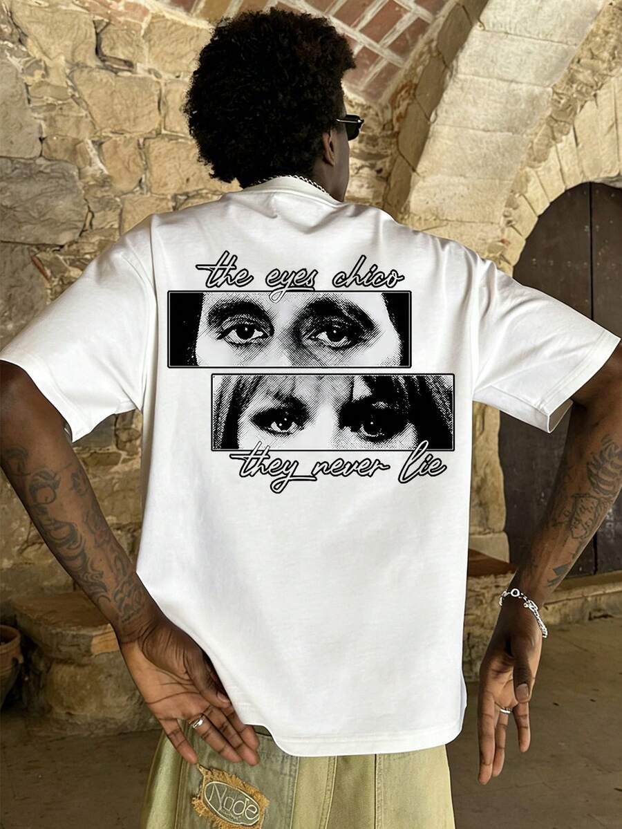 FRACTYR Men's Summer Fashion Minimalist Eye-Catching Letter Print Round Neck Short Sleeve T-Shirt | Basic Style Street Casual Versatile Top - White - View 1