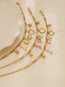1pc Cute Dripping Kitten Bow Heart Pendant Stainless Steel Handmade Bracelet, Fashionable Design, Suitable As A Gift Bracelet For Girls, Pink, Adjustable And Detachable Bracelet. - Gold - View 7