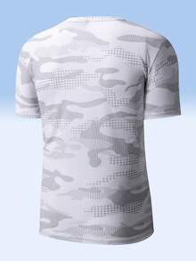 Men's Light Gray Camo Grid Print Crew Neck Short Sleeve T-Shirt - Casual Daily Top - White - View 3
