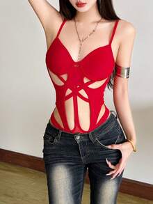 Top Dazzle Women's Bodysuit With Waist Cinching And Cutout Details Valentine's Day Carnivals - Red - View 1
