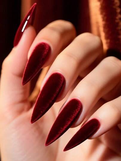 Sanrio Upgrade Your Look With This 24-Piece Long Stiletto Fake Nail Full Set That Embodies Retro Elegance, Luxury, And Sweet Charm-Perfect For Autumn, Winter, And Valentine's Day, Featuring A Classic Burgundy Solid Color With A Matte Velvet Texture, Designed To Make Your Nails Look Stunning; It's Ideal For Romantic Valentine's Day Dates, Autumn-Winter Daily Wear, New Year Parties, Gatherings, And Afternoon Tea Occasions.