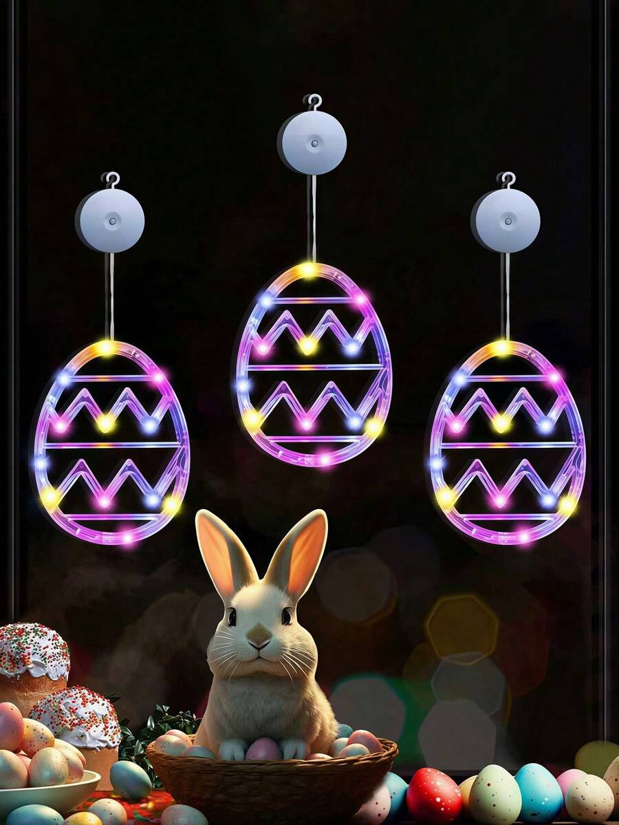 3件套 - 复活节装饰窗灯，复活节彩蛋灯，电池供电，带吸盘，大型复活节LED彩蛋灯，复活节悬挂装饰，适用于室内/室外家居、门、教室