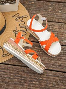 Fashionable Rivet Decor Criss-Cross Strap Open Toe Wedge Platform Sandals For Women,Summer Sandals - Orange - View 8