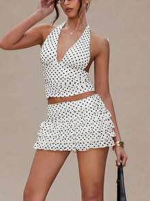 Women Polka Dot 2 Piece Skirt Outfits Sets Halter V-Neck Backless Top Ruffle Layered Mini Skirt Summer Y2k Outfits - trắng - Xem 2