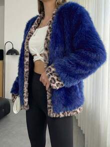Women's Luxury Royal Blue Faux Fur Jacket Elegant Leopard Print Lining Fluffy Fuzzy Coat, Thick Warm Winter Outerwear For Carnaval Party Night Out Streetwear Chic Mob Wife Aesthetic Old Money Bontjas Fashion Panterprint - Royal Blue - View 5