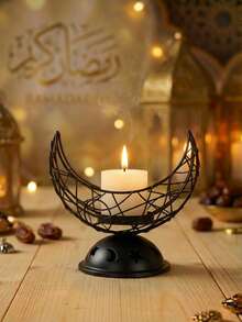 1Pc/Set Line-Woven Crescent Moon And Star Candle Holder. The Candle Holder Is Made From Black Metal Wire. Its Style Is Relatively Minimalist, With An Overall Crescent Shape. The Main Body Features An Interwoven Mesh Structure, And The Base Includes A Domed Platform With Star And Moon Cut-Out Decorations. - Multicolor - View 3
