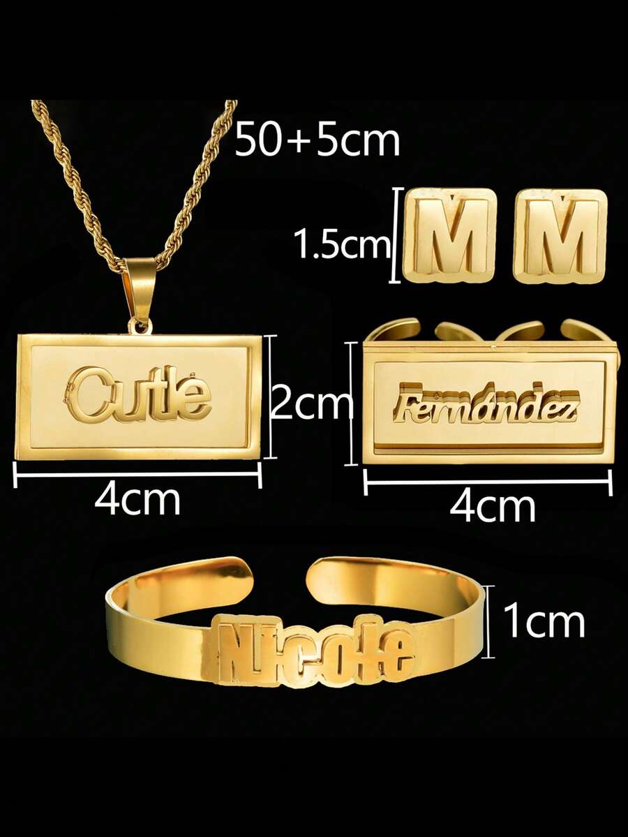 [ Jewelry Set Series ] Personalized Customized Embossed Nameplate, Personalized Customized Jewelry, Exclusive Customized Name, Stainless Steel Customized Jewelry Set (Necklace+Earrings+Ring+Bracelet), Exquisite Gift Box, Valentine's Day Gift, Birthday Luxury Gift - STYLE1 - View 1