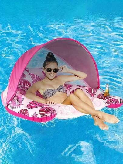 1pc Inflatable Lounger Chair, Leaf Design, With Detachable Sunshade Canopy, Fits 1 Adult, Holds Water Bottle, Floating Water Hammock, Foldable, Ideal For Ocean, Swimming Pool, Outdoor Sunbathing, Swimming, Beach Holidays. Air Pump Not Included, Sold Separately