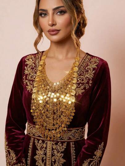 1件夸张金色多层硬币流苏阿拉伯风格围兜项链，女士派对、聚会珠宝配饰