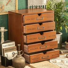 Organizador de escritorio de madera vintage con 5 cajones, caja de almacenamiento rústica para el hogar y la oficina. - Marrón - Ver 5