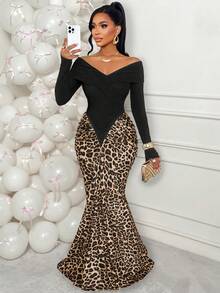 AIJ Amarilo Black & White Patchwork Sexy Off-Shoulder Ruffle Hem Long Sleeve Asymmetrical Pleated Waist Fitted Elegant Maxi Party Dress, Made Of Stretchy Knit Fabric, Suitable For Christmas, New Year, Graduation, Gala, Autumn/Winter Occasions - Brown - View 4