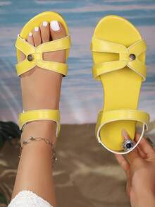 Ladies Yellow Flat Sandals Cross Strap Design Lightweight Summer Casual Beach Shoes - Yellow - View 2