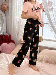 2pcs/Set Pink Short Sleeve Top And Printed Pants Pajamas, Women Sleepwear - Pink - View 2