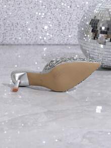 Women's Pointed Toe High Heel Sandals, 6CM Thin Heel, Sparkling Rhinestone Decor, Soft Cushioned Insole, Slip-On Design, Versatile For Dresses, All Season Wear. Fashionable French Style Rhinestone Embellished High Heel Sandals, Random Print Or Solid Color, Suitable For Party, Preppy, Elegant, Nightclub, Fairy Fabric, Glitter, Weddings, Beach, Office, Home, Spring/Summer,Kitten Heels - Silver - View 6