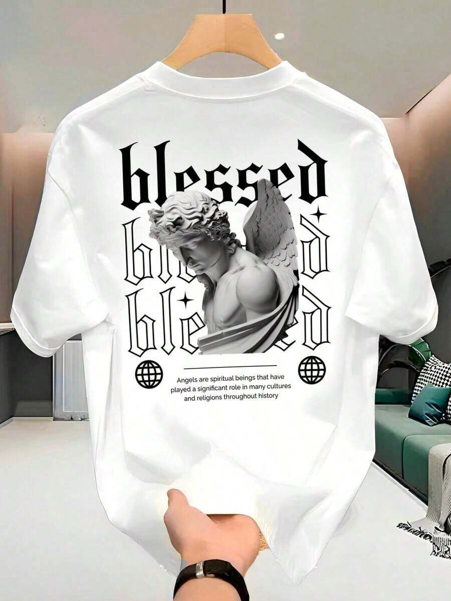 Unisex Streetwear T-Shirt, 100% Cotton, Men's And Women's, Angel Print () - 白色 - 查看 1