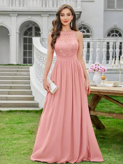 MIUSOL 亮片花卉蕾丝露背褶皱雪纺正式派对长裙，正式晚礼服，适合婚礼宾客、毕业典礼、宴会和其他场合