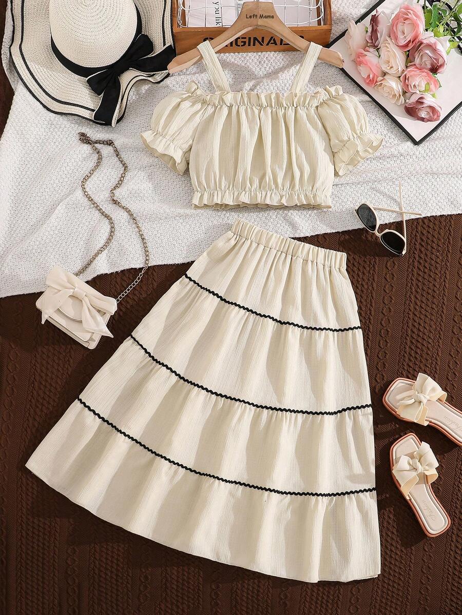 Left Mama 女童优雅泡泡袖单肩吊带背心和迷你裙套装，适合夏季海滩度假 - 杏色 - 查看 1