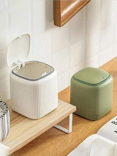 1pc Luxury Mini Trash Can With Press Lid - Odor Proof Dual Bin Design, Suitable For Home, Office And Car - Available In Beige, Brown And Green Colors, Kitchen And Bathroom Garbage Can, Home Decor | Modern Mini Trash Can | Plastic Material, Household Waste Bin, Small Desktop Garbage Can For Bathroom, Home Office Desk, Coffee Table, Office, Living Room, Study, Kitchen, Vanity, Bedroom