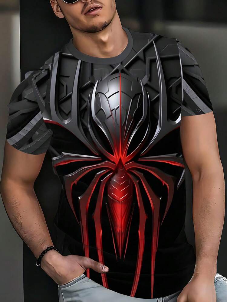 Men's Graphic T-Shirt - Bold Spider Design Black Shirt With Red Accents - Lightweight Summer Short Sleeve Tee, Machine Washable Regular Fit Casual Top, Durable Printed Quality, Urban Fashion, Breathable Fabric, Apparel For Young Adults - White - View 2