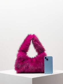 Solid Fluffy Soft Candy Color Satchel Bag, Y2K Style Faux Fur Tote Bags For Ladies, Party Bag, Party Dresses For Women, Winter Fur Purse, Suitable For Commuting, Work, Gatherings, Parties, Perfectly Matching With Fall Outfits Womenfall Clothes For Women, New Arrival Fur Bag For Women - Màu hồng đậm - Xem 4