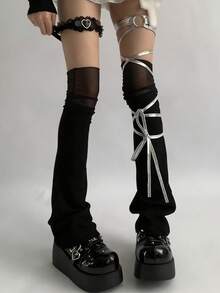 1 Pair Spring/Autumn New Korean Style Mesh Ballerina Patchwork Leg Warmers, Light Gray/White/Black Knitted Flared Leg Warmers, Y2K Subculture Hot Girl White Thigh High Leg Warmers - Multicolor - View 3