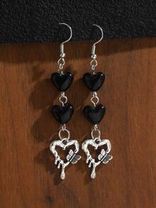 1 Pair Punk Style Black Heart Tassel Butterfly Earrings, Fashion Versatile Butterfly Dangle Earrings For Women - Silver - View 4