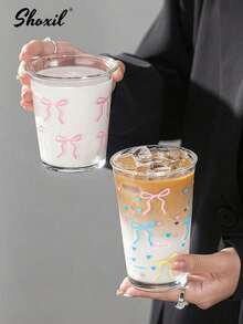 shoxil 1pc Cute Girl Bow Polka Dot Matcha Cup, Mug, Milk Cup, Cup, A Cup Of Coffee, Espresso Cup, Oatmeal Breakfast Cup, Couple Pair Mugs, Coffee Cup, Glass Cup, Valentine's Day Gift, Handheld Cup, Applicable For Afternoon Tea, Bedroom, School, And Office - Glass - View 1