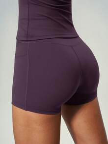 UONNOU Bộ 2 món quần short tay ngắn thể thao, dáng ôm, cạp cao, có 2 túi bên hông, thích hợp cho yoga, tập luyện và mặc hàng ngày, phù hợp mọi mùa. - Màu tím - Xem 5