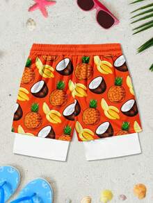 Men's Summer Vacation Breathable Mesh Double Layer Fruit Print Drawstring Waist Beach Shorts - Multicolor - View 4
