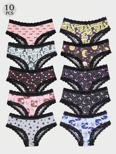 Dircho 10pcs Women's Playful Print Briefs Set & Star-Moon & Heart & Cartoon Pattern & Black Lace Trim & Soft Fabric & Mixed Color Scheme & Daily Comfort Underwear & Cute Casual Style
