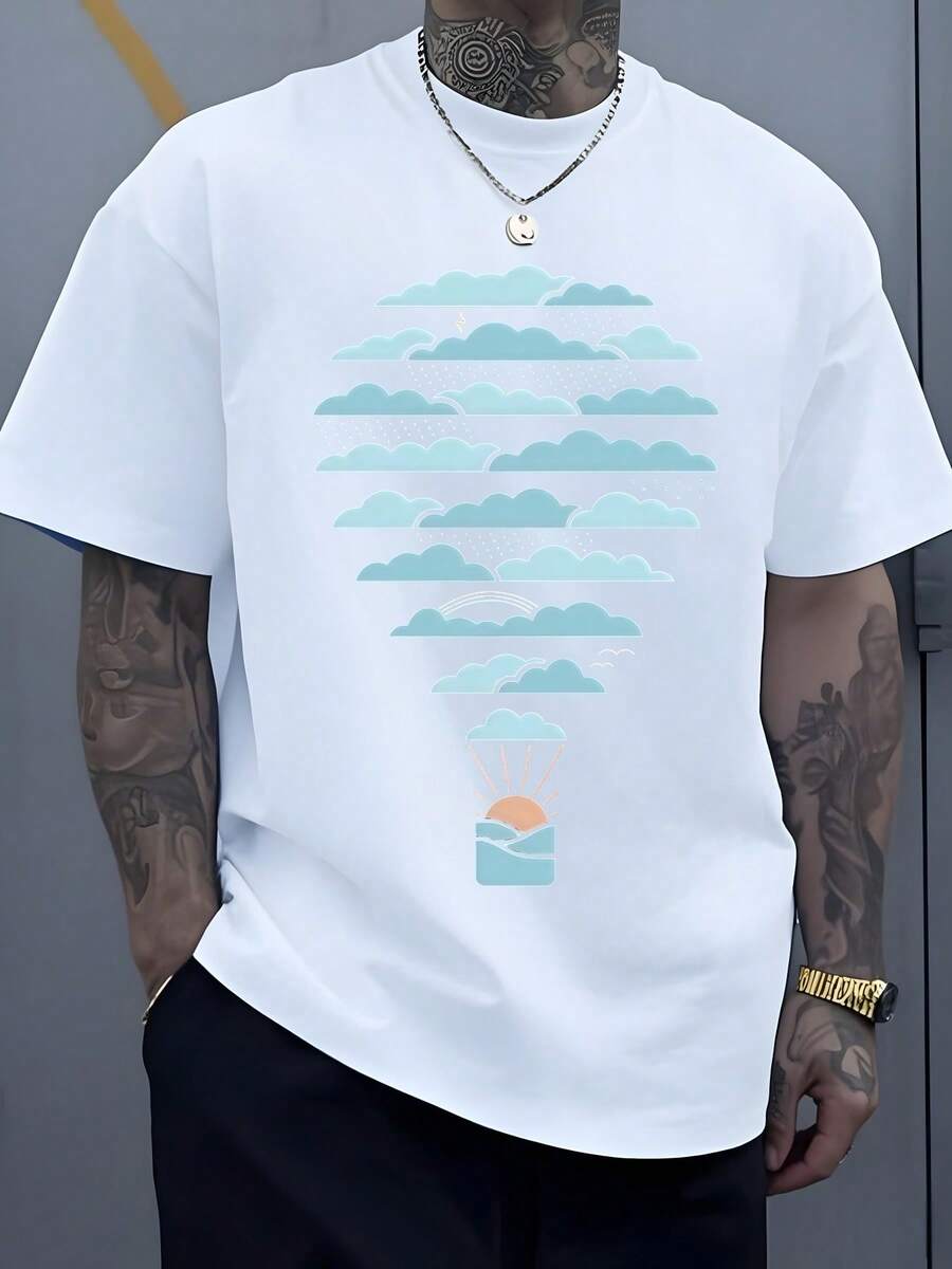 Nubes alineadas en tonos celestes que evocan calma y serenidad acompañadas de un sol naciente sobre el horizonte marino transmitiendo esperanza y energía positiva camiseta de hombre 100% algodón 220g - Blanco - Ver 1