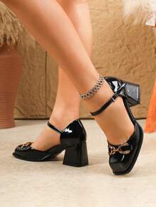 Plus Size Women's High Heel Pumps, Metal Buckle Decor, Fashion Mary Jane Shoes, Square Toe Thick Heel Pumps, Comfortable & Elegant Dress Shoes, Available In Brown, Black,Chunky Heels - Black - View 4
