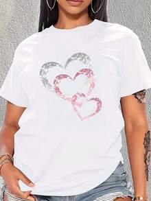 Women's Short-Sleeved T-Shirt, Available In Five Colors| Sweet Glitter Heart Print T-Shirt, Summer Simple Round Neck Comfortable Short Sleeve, Romantic Valentine's Day Confession Gift Top, European And American Fashion Casual Versatile Shirt - Black - View 1
