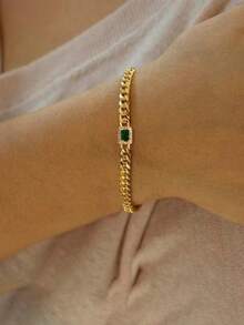 1pc Fashionable Minimalist Copper Alloy Chain With Single Sparkling Green Cubic Zirconia Stone, Suitable For St. Patrick's Day, Parties, And Daily Wear, Unique And Premium Girl Jewelry Bracelet - Gold - View 8