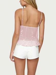 Women Y2K Sequin Cami Top Sleeveless Solid Color Sheer Mesh See Through Frilled Crop Tank Top Fairycore Sparkly Backless Flowy Camisole Summer Beach Going Out Babydoll Cami Shirt - Hồng - Xem 3