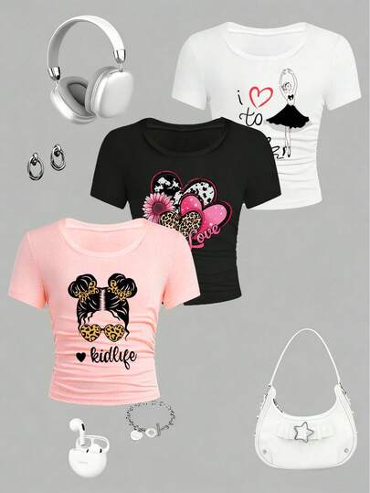 3pcs Girls Cartoon Print Short Sleeve Set