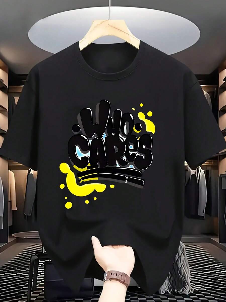 Camiseta gráfica de algodón de 180g para hombres - Negra con impresión de graffiti amarillo y azul, cuello redondo, camiseta casual de manga corta para uso diario, días festivos y regalos (Día del Padre, Mes del Orgullo, Pascua), camiseta temática de vacaciones, moda streetwear, top lavable a máquina - Negro - Ver 1
