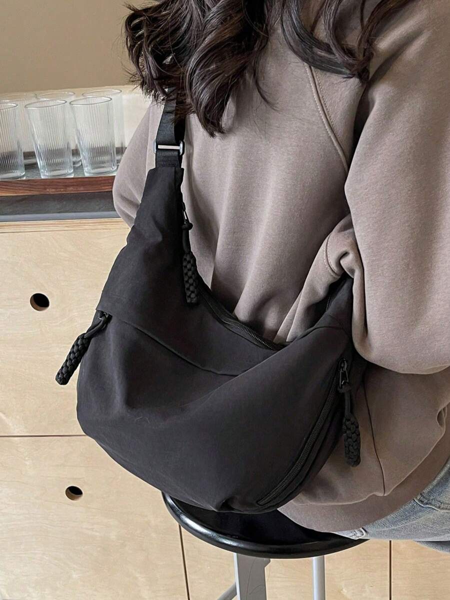 Kewen This Fashionable Colorful Nylon Waterproof Shoulder Bag Features A Simple And Casual Collegiate Design, With Wide Strap And Multiple Zipper Compartments, Suitable For Students, Shopping, And Everyday Use. It Can Be Used As A School Bag, Street Style, Or Japanese-Inspired Women's Bag. - màu đen - Xem 1