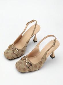 女士复古花卉刺绣露趾金属扣套脚高跟鞋 - 杏色 - 查看 8